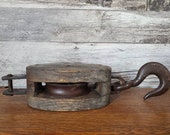 Large Antique Pulley Wood and Cast Iron Hook Heavy Duty Hanging Accessory For Farm Loft Pail Pots Lights Big Weight Grey Toned Aged Wood