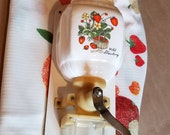 Vtg Wall Mount Coffee Grinder Wild Strawberry w Matching Tablecloth Farmhouse Cottage Country Kitchen Decor Charming and Functional