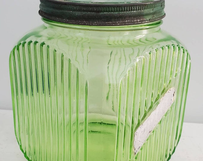 Green Depression Glass Jar Vintage Uranium Glow Large Container W