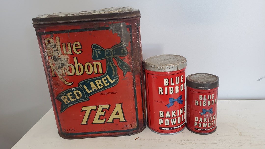 Blue Ribbon Antique Tins Lot Classic Red Label Tea 3 Lbs Baking Powder ...
