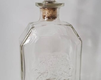 Royal Crest Stamp Vintage Barware Glass Decanter Bottle with Glass Top Lion and Horse Insignia w Letter S Seagrams Like Markings Nice Shape