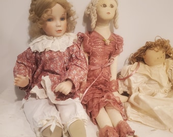 Vintage Doll Trio: Signed Porcelain Doll, Handmade Linen Dolls