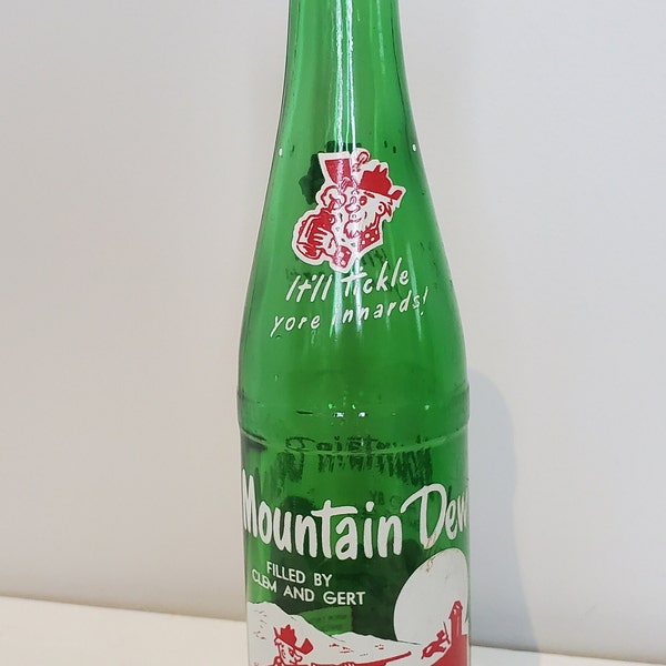 Mountain Dew Hillbilly 10oz Green Glass Bottle Filled by Clem and Gert Double Sided Graphics Red Hillbilly Neckline White Dots Bright Nice