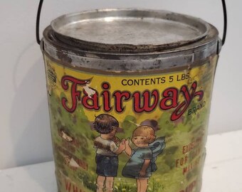 Fairway Rustic White Table Syrup Tin 5 Lbs Pair Original Lid and Handle Rough Rare Paper Label Adorable Girl Boy Sharing Candy Scene Minn