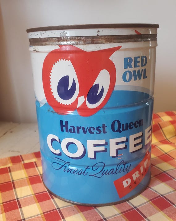Turqoise Robins Egg Blue Coffee Tin, Harvest Queen Red Owl Brand