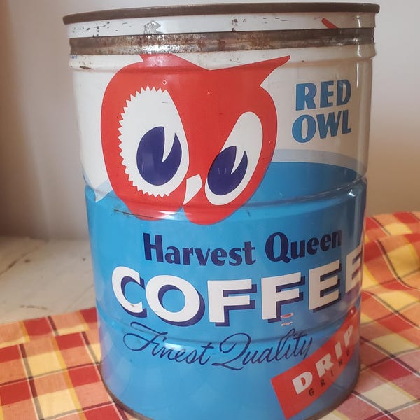 Turqoise Robins Egg Blue Coffee Tin, Harvest Queen Red Owl Brand Collectible Kitchen Decor Night Owl Gift Bright Storage