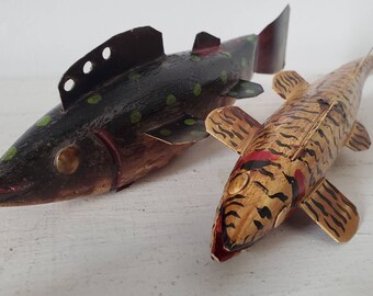 Vintage Folk Art Fish Sculptures Old Fishing Lure Want To Be Hand Made and Painted Wood and Metal Curious Collectibles Tackle Box Finds