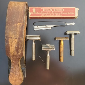 Vintage Shaving Lot Barber Razors Tools Durham Duplex Demonstrator w Box Ever Ready Leather Strap 7 Pieces Collectibles Some Markings