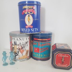 Planters Peanuts Brand Tin Lot Vintage Advertising Special Edition Collectives w Mr Peanut Figurine Miniatures One Price For ALL Nice