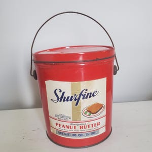 NY Peanut Butter Vintage Pail Shurfine New York Food Bucket Rare Metal Tin Lid Handle Red White Storage Cookie Pantry Foodstuff