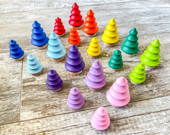 Set Of 10 Rainbow Wooden Forest Trees, Wooden Trees, Sensory bin trees, Montessori, Reggio, Toddler Wood Trees, Pretend Play, Forest School