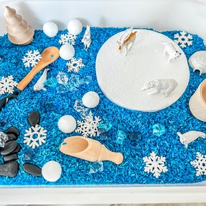 May include: A blue sensory bin filled with blue rice, white snowballs, and white snowflake shapes. There are small plastic animal figurines, a wooden spoon, and a wooden cup.
