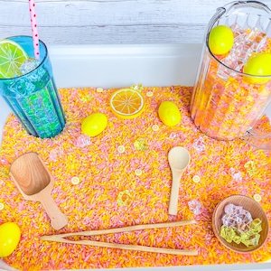 Lemonade Sensory Bin, Lemonade Sensory, Summer Sensory Bin, Taste Safe, Montessori