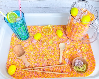 Caja sensorial de limonada, Limonada sensorial, Caja sensorial de verano, Sabor seguro, Montessori