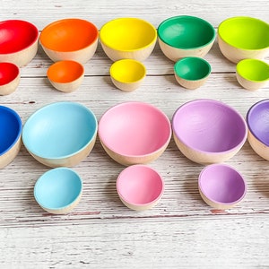 Set Of 10 Rainbow Wooden Bowls, Wooden Bowls, Sensory bin bowls, Montessori, Reggio, Toddler Wood Bowls, Pretend Play