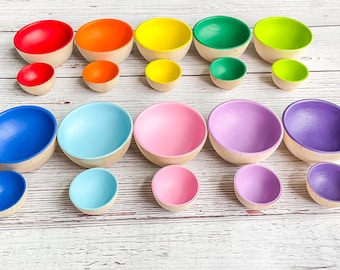 Set Of 10 Rainbow Wooden Bowls, Wooden Bowls, Sensory bin bowls, Montessori, Reggio, Toddler Wood Bowls, Pretend Play