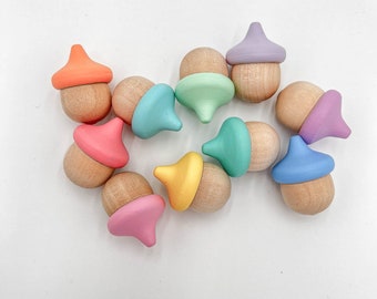 Set Of 10 Pastel Rainbow Wooden Acorns, Wooden Acorns, Sensory Bin Acorns, Montessori, Reggio