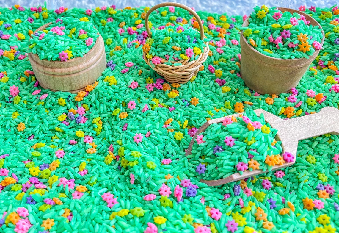 Spring Sensory Rice With Flowers, Sensory Bin Filler, Colored Rice ...