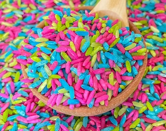 Arroz sensorial de verano, relleno para recipientes sensoriales, arroz de colores, juego sensorial, relleno para recipientes sensoriales brillantes, sabor seguro, Montessori