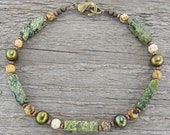 Green Pearl and Matte Stone Bracelet - Tumbled Natural Stone and Pearl Bracelet in Small to Plus Sizes
