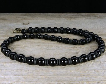 Mens Necklace - Unisex Black Onyx Necklace with Spacer Rings