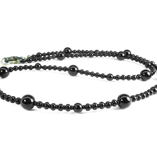 Thin Black Onyx Necklace or Choker with Black Glass Seed Beads - Black Necklace for Women - Petite Choker to Plus Size