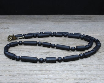 Thin Black Onyx Necklace with Black Sea Glass Tubes - Unisex or Mens Necklace - Mens Beaded Necklace or Choker