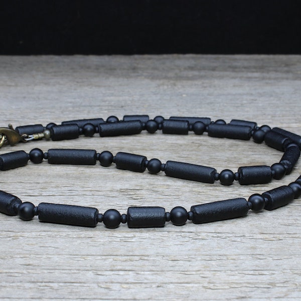 Thin Black Onyx Necklace with Black Sea Glass Tubes - Unisex or Mens Necklace - Mens Beaded Necklace or Choker