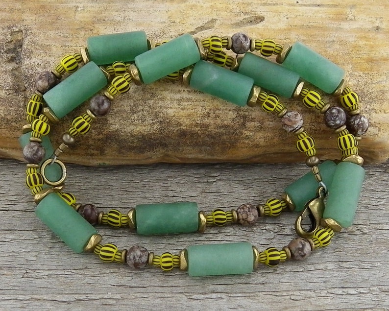 Rustic Unisex Boho African Tribal Style Necklace in Stone and Trade Beads Indie