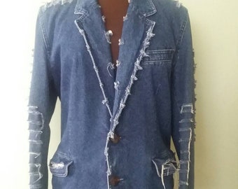 Denim en détresse, veste en jean bleu, manteau en denim, blazer en denim