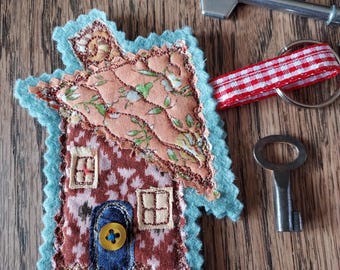 Embroidered House Keyring, Reclaimed Fabrics, Felt Charm