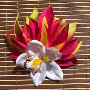 Hawaiian ginger and orchid silk and foam flower hair clip. 6" - 6.5" Large hair clip