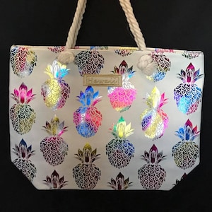 Rainbow Pineapple Print on Cream Tote Bag w/ Zipper.