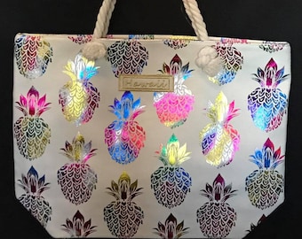 Rainbow Pineapple Print on Cream Tote Bag w/ Zipper.