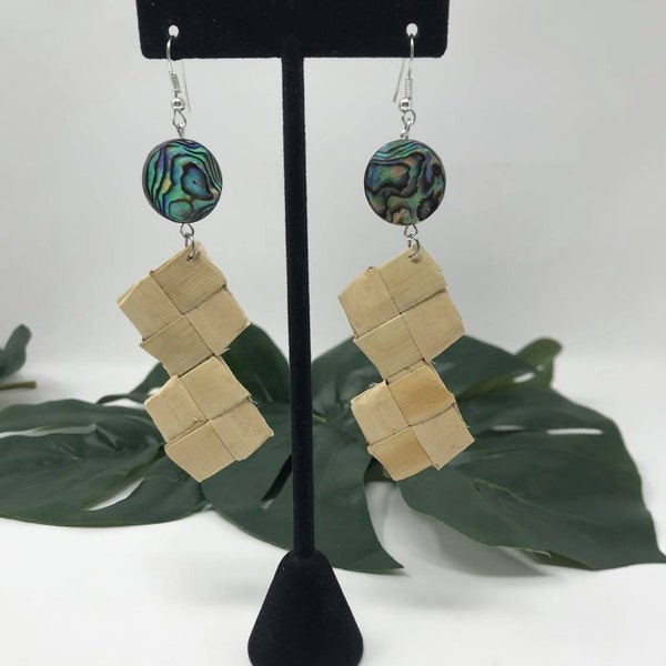 Authentic Lauhala & Inlay Abalone Shell Earrings.