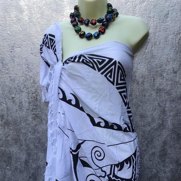 Ex-Large Tribal Or Tattoo Full Length White Color Sarong, Pareu, Pareo.