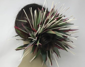 Hawaiian Tropical Braided Silk Ti Leaf With Niau For Bun Wrap. Polynesian Dancers, Halau, Special Events, Weddings, Bridesmaids Hair, Luau.