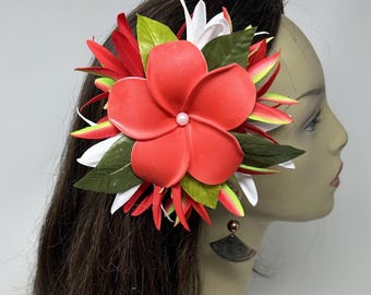 Polynesian Tropical Style Clip. Hawaiian Red Plumeria Hula Flower. Wedding Flower. Moana Red Hair Clip. Beach Wedding Flower. Luau Flower.