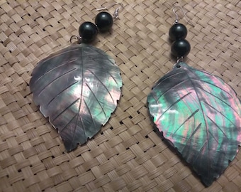 Carved Black Lip Mother of Pearl Leaf Earrings, Shell Pearls