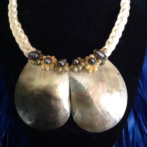 Mother Of Pearl Shells & Black Fresh Water  Pearls Necklace. Nice Piece For Both Male And Female. Beach Wedding, Bridesmaids, Luau, Soloist.