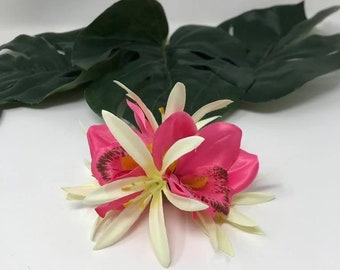 Hawaiian double orchid flower hair clip. Silk, fabric hair clip. Beach wedding, bridesmaids flower, luau, gift or any Polynesian events.