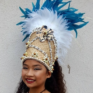Tahitian And Cook Islands Headpiece. Weaved Lauhala, Niau, Shells & Feathers Headpiece. Perfect For All Ages, Luau, Soloist.