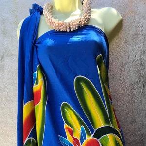 Hawaiian Tropical ROYAL Blue Hand Painted Bird of Paradise Sarong, Pareu, Pareo, Huluhulu, Lavalava. Top quality sarong - FRINGELESS SARONG.