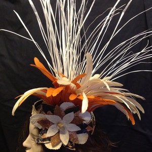 Authentic Tapa Cloth & Lauhala Side Headpiece. Perfect For Tahitian And Cook Islands Dancers Of All Ages. Feathers Can Change To Your Choice