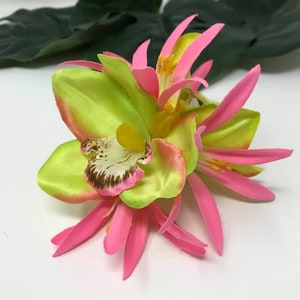 Hawaiian double orchid flower hair clip. Silk, fabric hair clip. Beach wedding, bridesmaids flower, luau, gift or any Polynesian events.