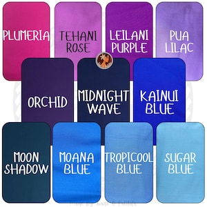 May include: A collection of eleven rectangular fabric swatches in various shades of pink, purple, and blue. Each swatch is labeled with text including Plumeria, Tehani Rose, Leilani Purple, Pua Lilac, Orchid, Midnight Wave, Kainui Blue, Moon Shadow, Moana Blue, Tropicool Blue, and Sugar Blue.