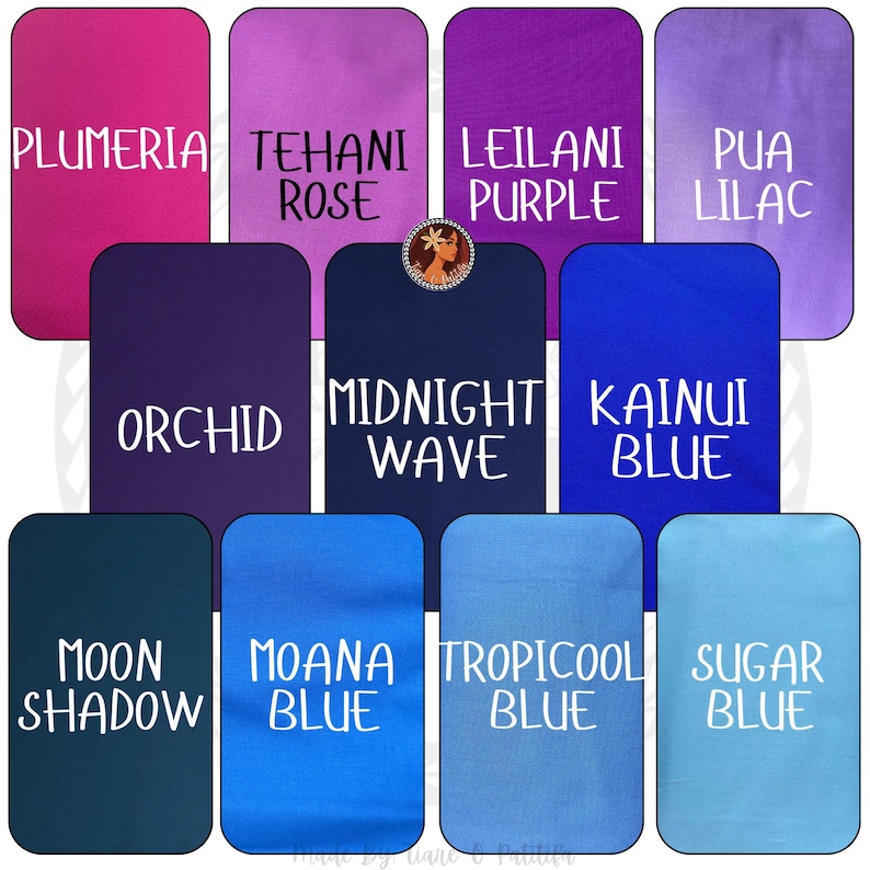 May include: A collection of eleven rectangular fabric swatches in various shades of pink, purple, and blue. Each swatch is labeled with text including Plumeria, Tehani Rose, Leilani Purple, Pua Lilac, Orchid, Midnight Wave, Kainui Blue, Moon Shadow, Moana Blue, Tropicool Blue, and Sugar Blue.
