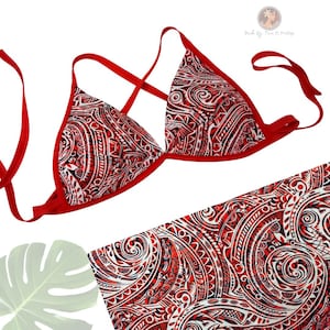 Tahitian Tribal Motif Print SET Pareu with Matching Cross-Back Bra Top – Ori Tahiti Set