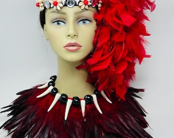 Ula Nifo Fulumoa Necklace – Custom Feather Neckpiece with 12 Resin Teeth – Samoan Costume for Men, Women & Kids – Made to Order.