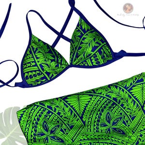 Green & Blue Tahitian Tribal Motif Print RAYON SET Pareu with Matching Cross-Back Bra Top – Ori Tahiti Set